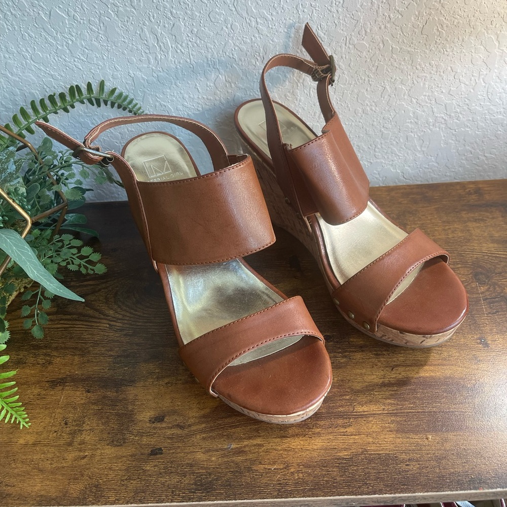 Material Girl - cork wedge - faux tan leather - size 9.5w